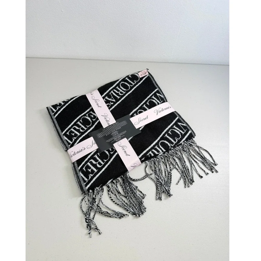 Victoria's Secret Winter Angel Black Logo Stripe Fringed Scarf NWT